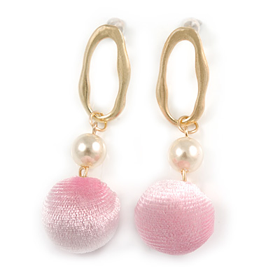 Trendy Pastel Pink Faux Velour Ball with Gold Tone Oval Drop Earrings - 60mm L - main view