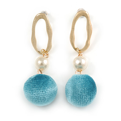 Trendy Pastel Teal Faux Velour Ball with Gold Tone Oval Drop Earrings - 60mm L