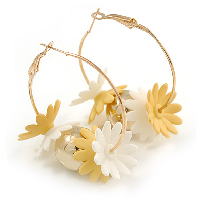 40mm Gold Tone Slim Hoop Earrings with Floral and Ball Charm