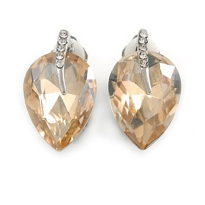 Champagne Faceted Glass Stone Leaf Clip On Earrings In Silver Tone - 23mm Tall - main view