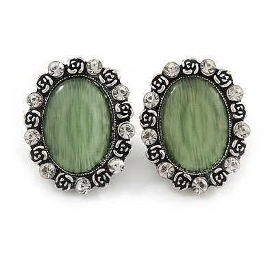 Vintage Inspired Asparagus Green Glass Oval Clip On Earrings In Antique Silver Tone - 25mm Tall