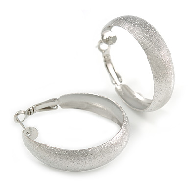 35mm Medium Etched Hoop Earrings In Silver Tone