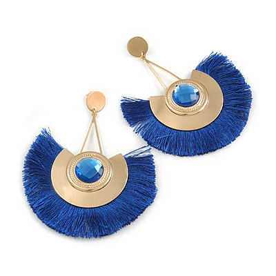 Statement Blue 'Fringe' Chandelier Drop Earrings In Gold Tone - 10.5cm Long - main view