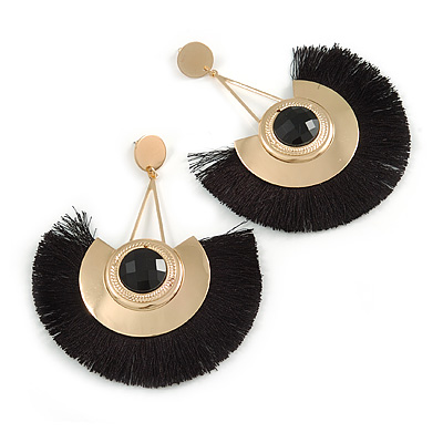 Statement Black 'Fringe' Chandelier Drop Earrings In Gold Tone - 10.5cm Long