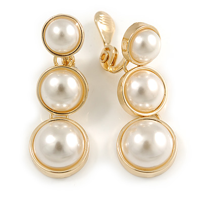 Striking White Faux Pearl Button Drop Clip On Earrings In Gold Plated Metal - 40mm Long - main view