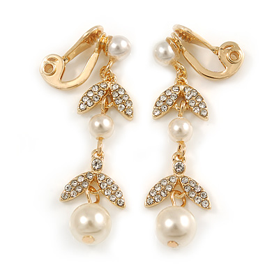 Striking Clear Crystal, Faux Pearl Floral Drop Clip On Earrings In Gold Plated Metal - 45mm Long