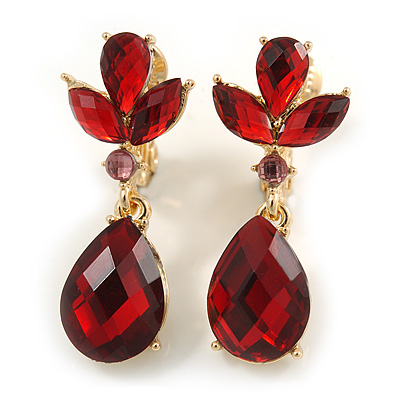 Stunning Red Crystal Teardrop Clip On Earrings In Gold Plated Finish - 30mm Tall