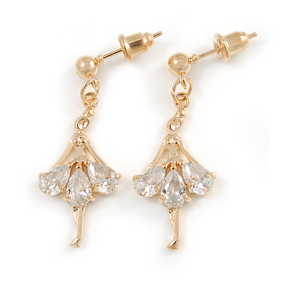 Delicate Clear Cz Ballerina Drop Earrings In Gold Tone - 30mm Long