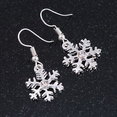 Christmas Fancy Crystal Snowflake Drop Earrings In Silver Tone Metal - 35mm Long - main view
