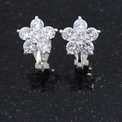 Small Clear Cz Flower Clip On Earrings in Silver Tone - 13mm Across - main view