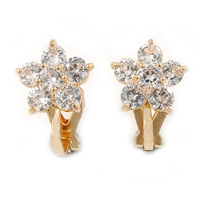 Small Clear Cz Flower Clip On Earrings in Gold Tone - 13mm Across - main view