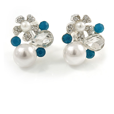 Delicate Pearl, Crysal Floral Clip On Earrings In Silver Tone (Clear/White/Teal) - 18mm Tall - main view