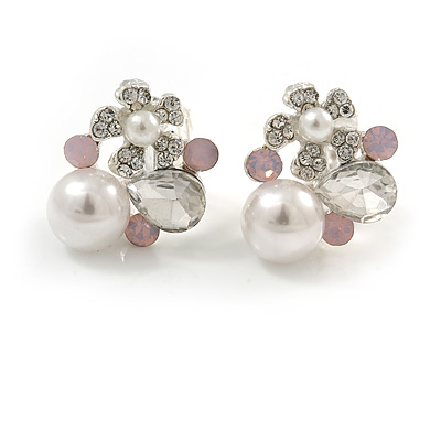 Delicate Pearl, Crysal Floral Clip On Earrings In Silver Tone (Clear/White/Pink) - 18mm Tall - main view