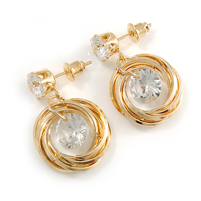 Delicate Multi Circle Cz Drop Earrings In Gold Tone - 25mm Tall - main view