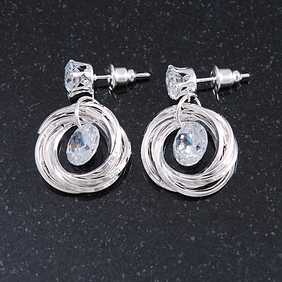 Delicate Multi Circle Cz Drop Earrings In Light Silver Tone - 25mm Tall - main view