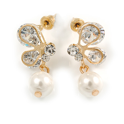 Delicate Clear Cz White Faux Pearl Butterfly Drop Earrings In Gold Tone - 25mm L - main view