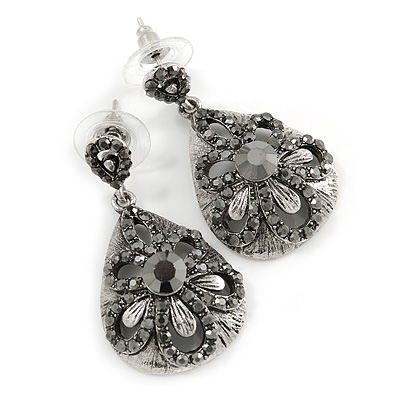 Vintage Inspired Teardrop Shape Hematite/ Anthracite Crystal Earrings In Aged Silver Tone - 35mm L