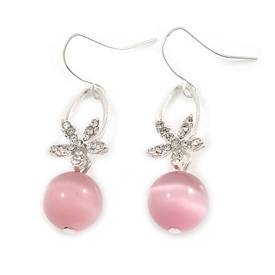 Romantic Clear Crystal Flower with Pink Glass Ball Bead Drop Earrings In Silver Tone - 45mm Long - main view