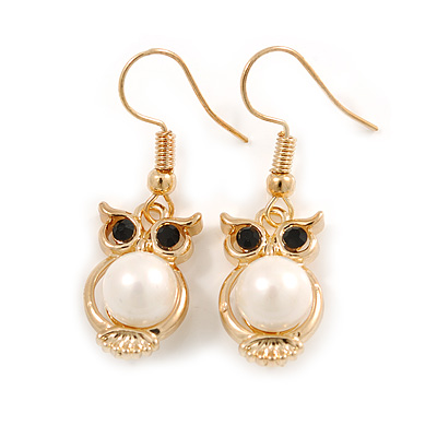 Gold Tone Faux Pearl Owl Drop Earrings - 37mm Tall - main view