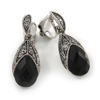 Vintage Inspired Hematite Crystal Black Bead Teardrop Clip On Earrings In Aged Silver Tone - 30mm Tall - main view