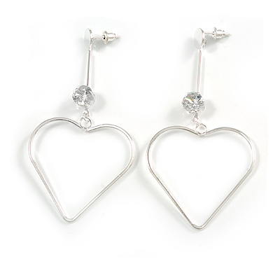 Long Open Heart Crystal Drop Earrings In Silver Tone Metal - 75mm Tall - main view