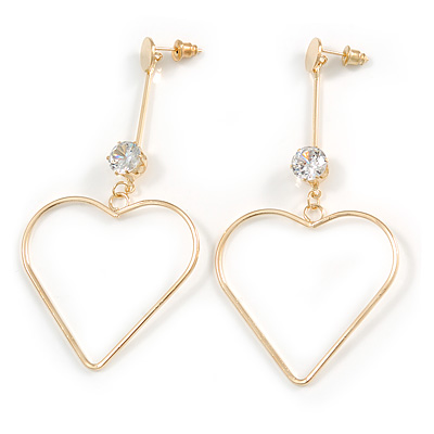 Long Open Heart Crystal Drop Earrings In Gold Tone Metal - 75mm Tall - main view