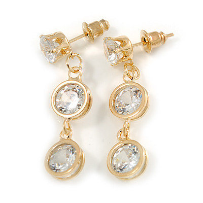 Delicate Clear CZ Drop Earrings In Gold Tone Metal - 35mm Tall - main view