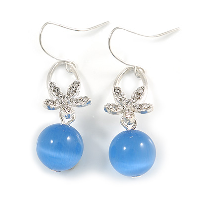 Romantic Clear Crystal Flower with Blue Glass Ball Bead Drop Earrings In Silver Tone - 45mm Long - main view