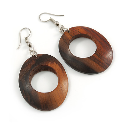 Trendy Brown Oval Wood Drop/ Hoop Earrings - 60mm L - main view