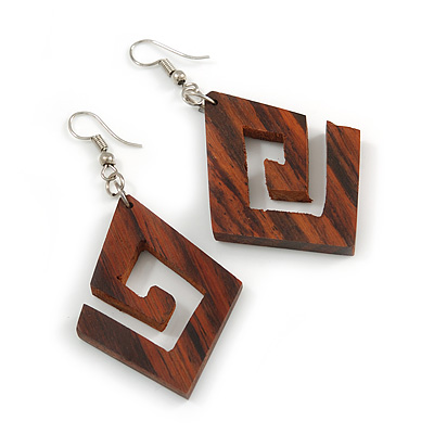 Trendy Dark Brown Square Wood 'Hook' Drop Earrings - 65mm Long - main view