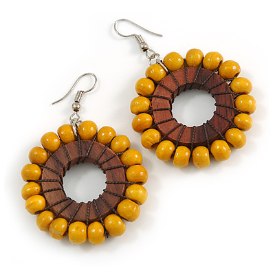 Yellow/ Brown Wood Bead Hoop Earrings - 65mm Long - main view