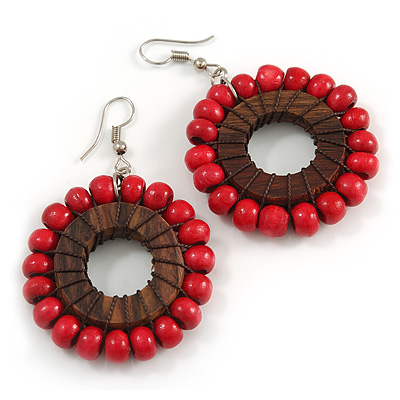 Cherry Red/ Brown Wood Bead Hoop Earrings - 65mm Long - main view
