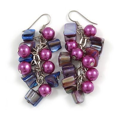 Purple Glass Bead, Shell Nugget Cluster Dangle/ Drop Earrings In Silver Tone - 60mm Long - main view