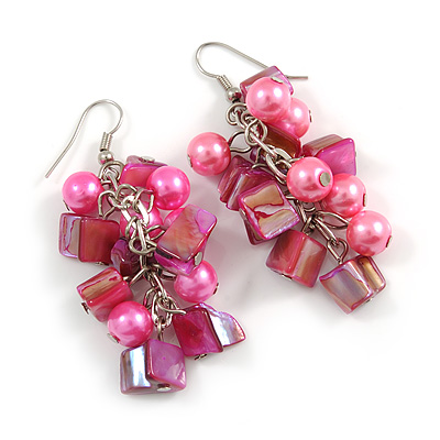 Pink Glass Bead, Shell Nugget Cluster Dangle/ Drop Earrings In Silver Tone - 60mm Long