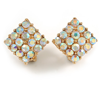 AB Crystal Square Clip On Earrings In Gold Tone Metal - 15mm Wide - main view