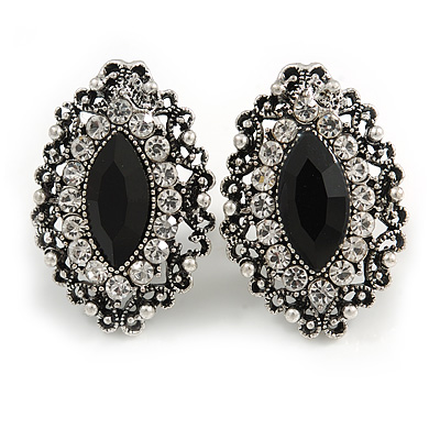 Statement Crystal Filigree Clip On Earrings In Silver Tone - 30mm Tall - main view