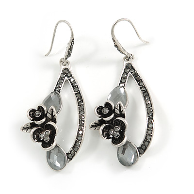 Vintage Inspired Open Oval Crystal Floral Drop Earrings In Silver Tone - 55mm Long - main view