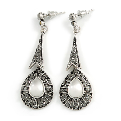 Vintage Inspired Marcasite Teardrop Crystal Drop Earrings In Aged Silver Tone (Hematite Crystals) - 55m L - main view
