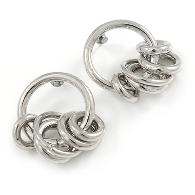 Small Hoop with Multi Ring Earrings In Silver Tone Metal - 40mm Drop - main view