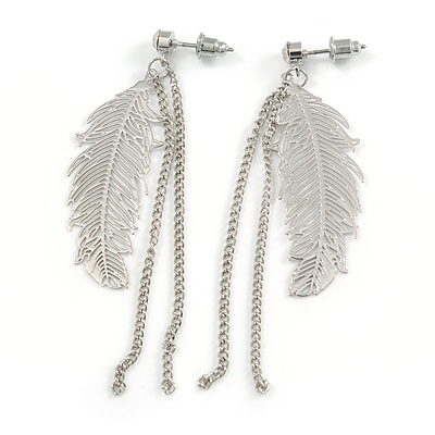 Silver Tone Feather and Chains Drop Earrings - 7cm Tall