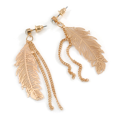 Gold Tone Feather and Chains Drop Earrings - 7cm Tall - main view