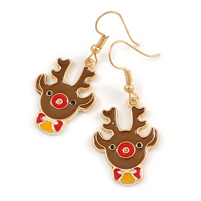 Christmas Reindeer Brown/ Red/ Yellow Enamel Drop Earrings In Gold Tone - 45mm Tall - main view