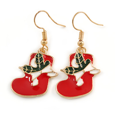 Christmas Stocking Red/ White/ Green Enamel Drop Earrings In Gold Tone - 40mm Tall