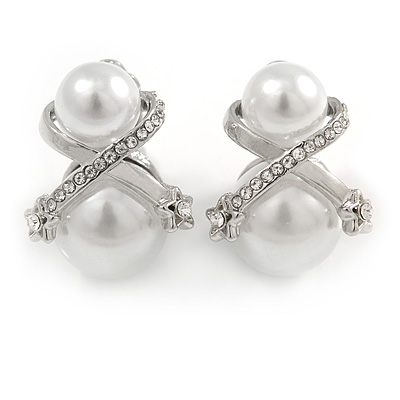 Statement Double Faux Pearl Crystal Clip On Earrings In Silver Tone - 25mm Tall