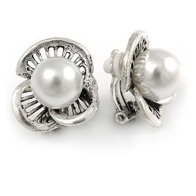 Vintage Inspired 3 Petal Floral Faux Pearl Clip On Earrings In Aged Silver Tone - 20mm - main view