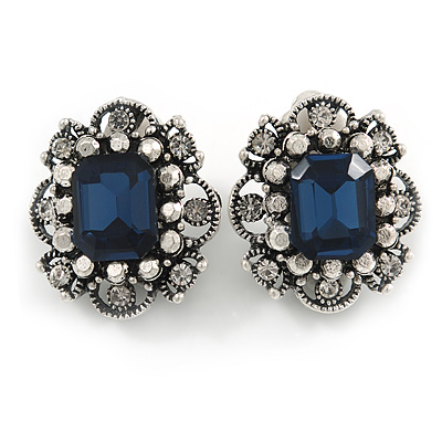 Vintage Inspired Square Midnight Blue/ Clear Crystal Clip On Earrings In Aged Silver Tone - 20mm Tall