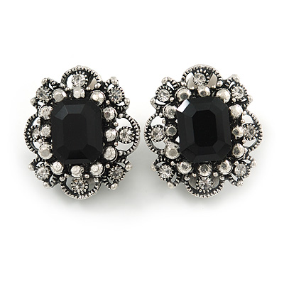 Vintage Inspired Square Black/ Clear Crystal Clip On Earrings In Aged Silver Tone - 20mm Tall - main view