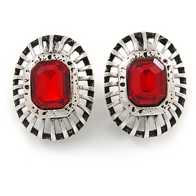 Vintage Inspired Dome Shape Red Glass Oval Clip On Earrings In Silver Tone - 23mm Tall - main view