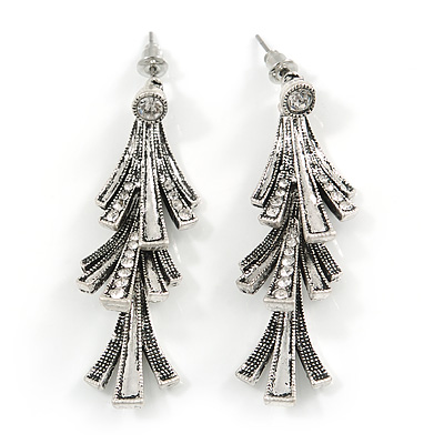 Vintage Inspired Triple Leaf Textured Crystal Drop Earrings In Aged Silver Tone - 55mm Tall - main view