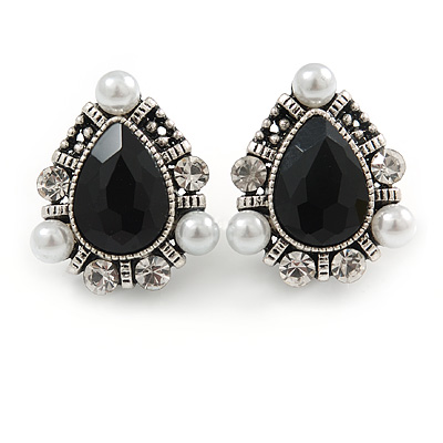 Vintage Inspired Teardrop Black Glass, Clear Crystal, Pearl Clip On Earrings In Aged Silver Tone - 25mm Tall - main view